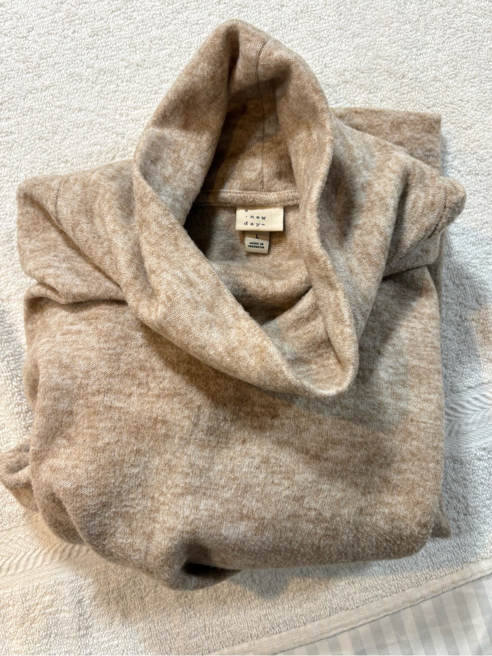 Cozy Cowl Neck Sweater in Heathered Tan A new day